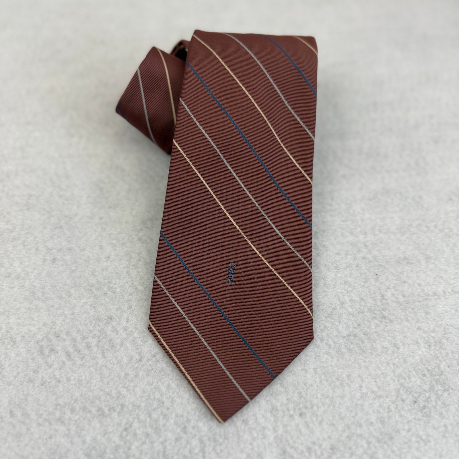 Yves Saint Laurent Necktie Men One Size Brown Striped Logo Silk Blend Business